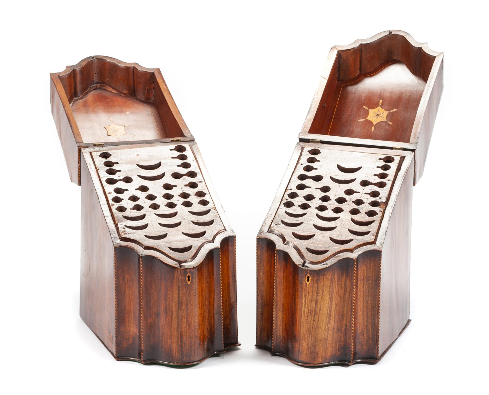 A Pair of George III Inlaid Mahogany Knife Boxes Height 32 x width 13 x depth 11 inches. — 18TH/19TH CENTURY