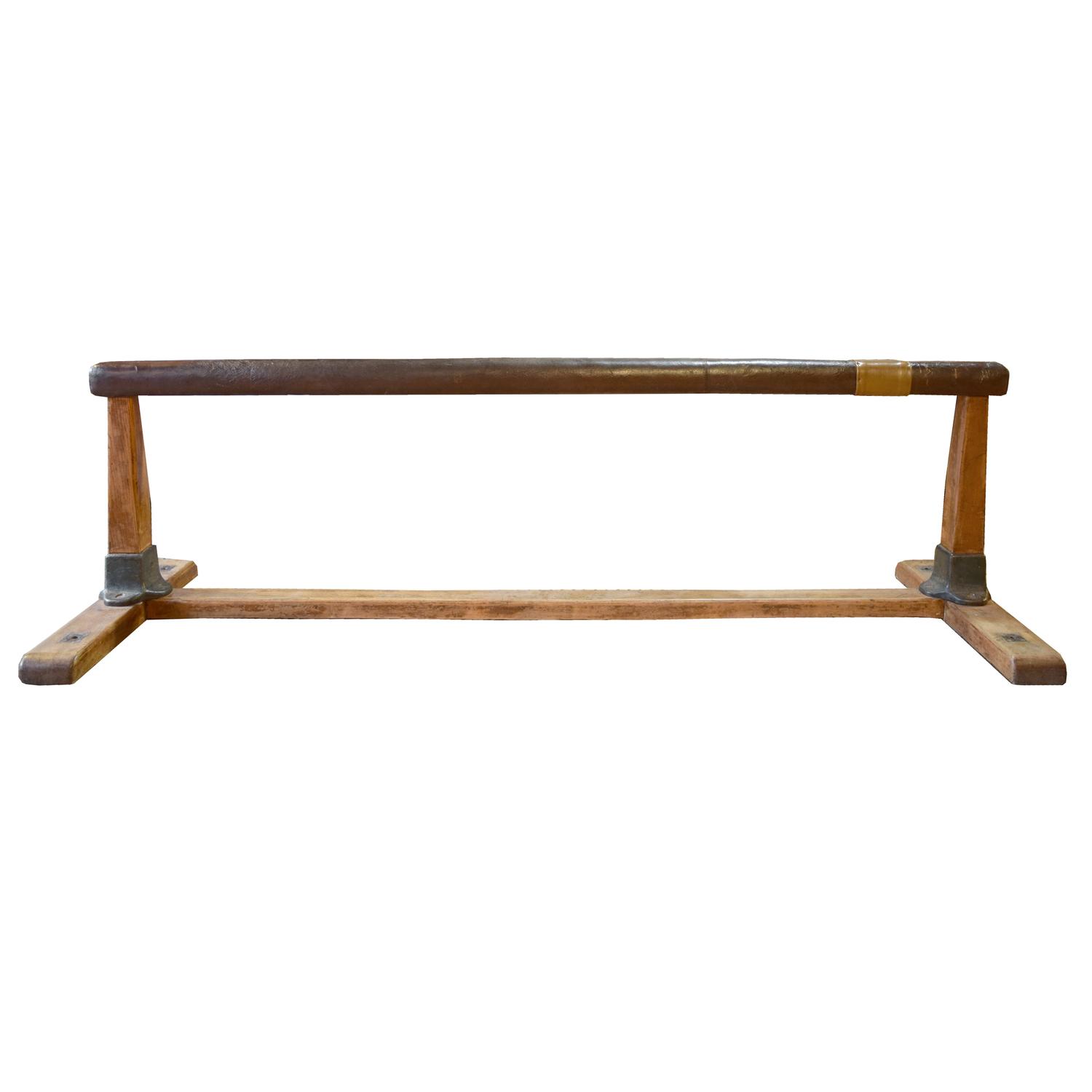 A Wood and Leather Balance Beam 95" W x 28" D x 27.5" H — Czech Republic, Circa 1930