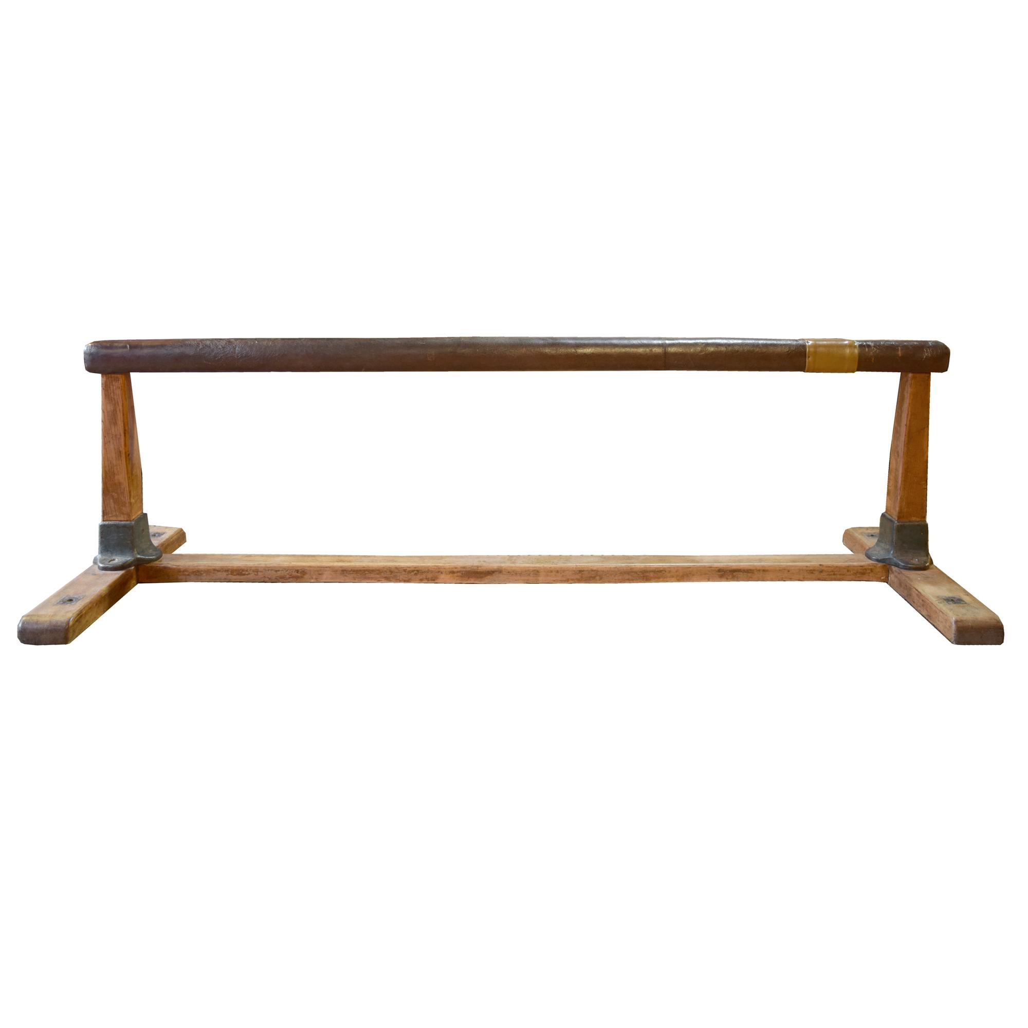 A Wood and Leather Balance Beam 95" W x 28" D x 27.5" H — Czech Republic, Circa 1930