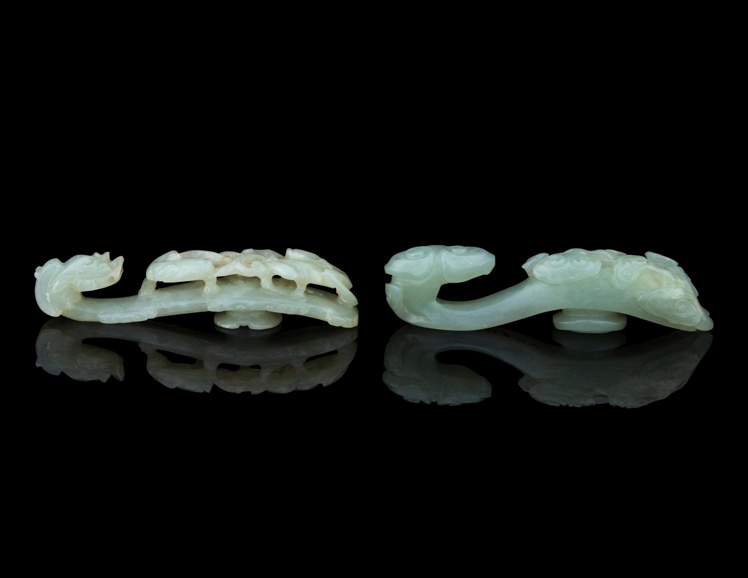 Two Pale Celadon Jade Belt Hooks