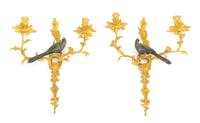 A Pair of Continental Gilt and Cold Painted Bronze Two-Light Sconces Height 15 1/2 inches. — 19TH/20TH CENTURY