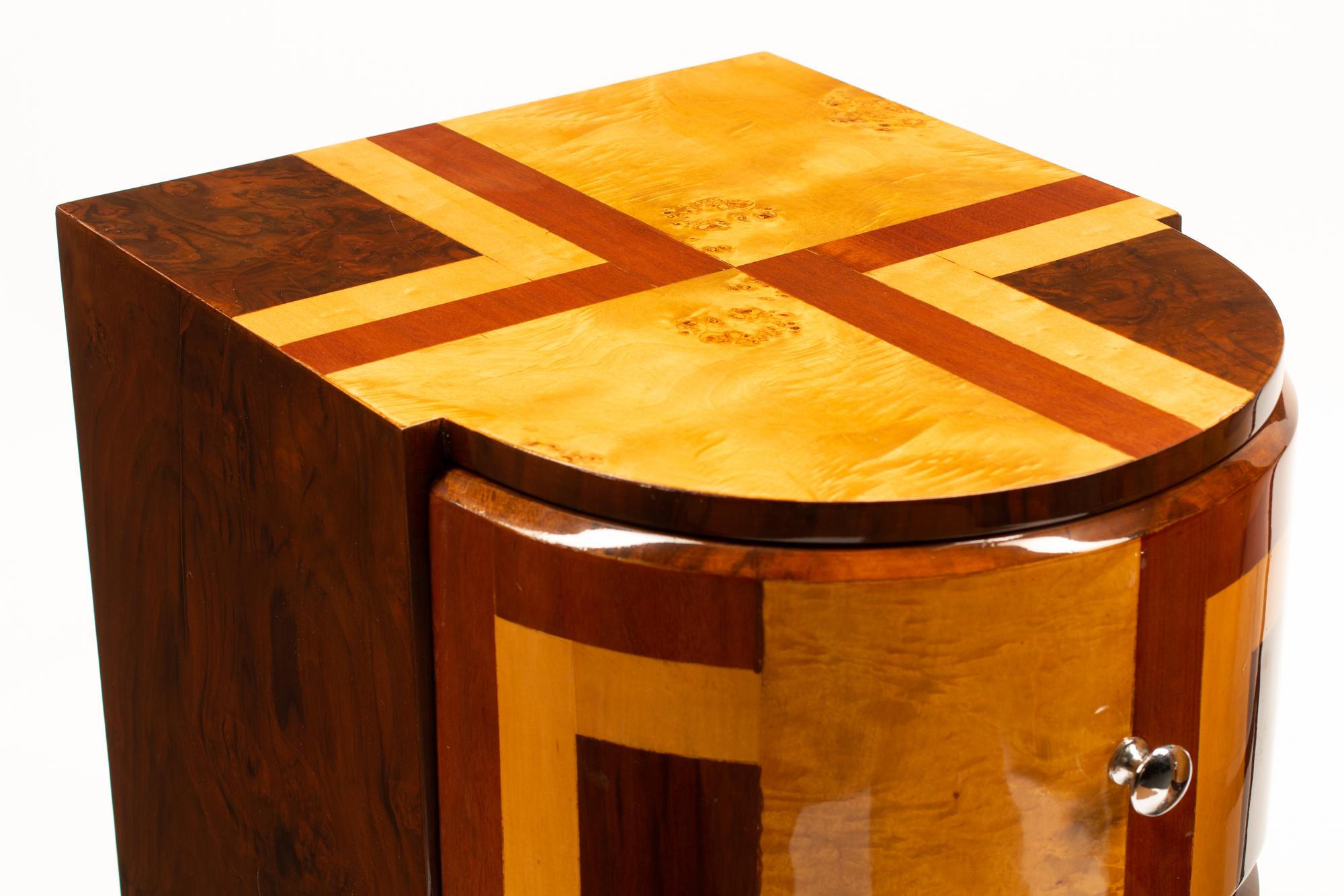 A Pair of Art Deco Style Burlwood and Parquetry Bedside Tables