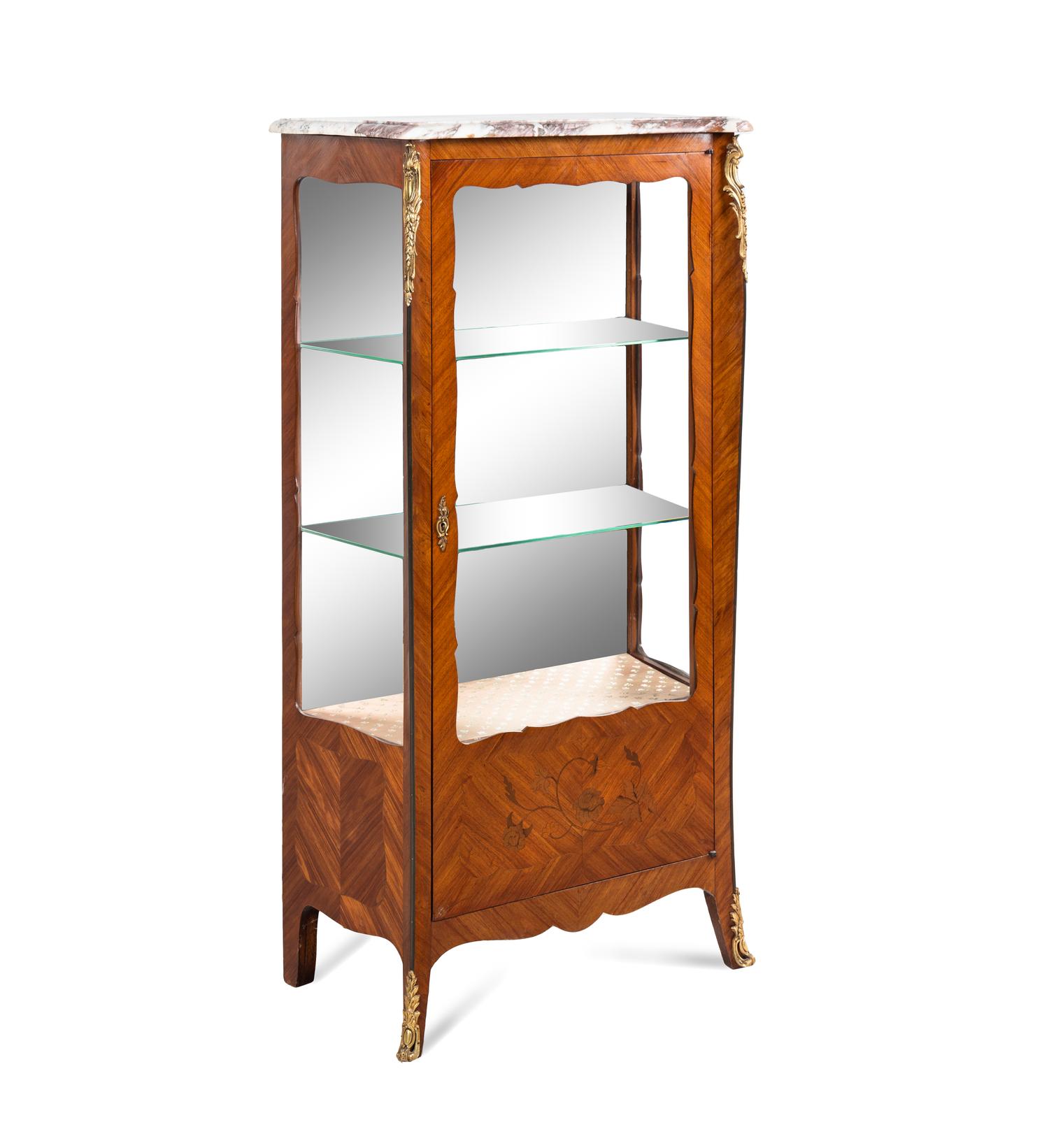 A Louis XV Style Gilt Metal Mounted Marquetry Vitrine Cabinet