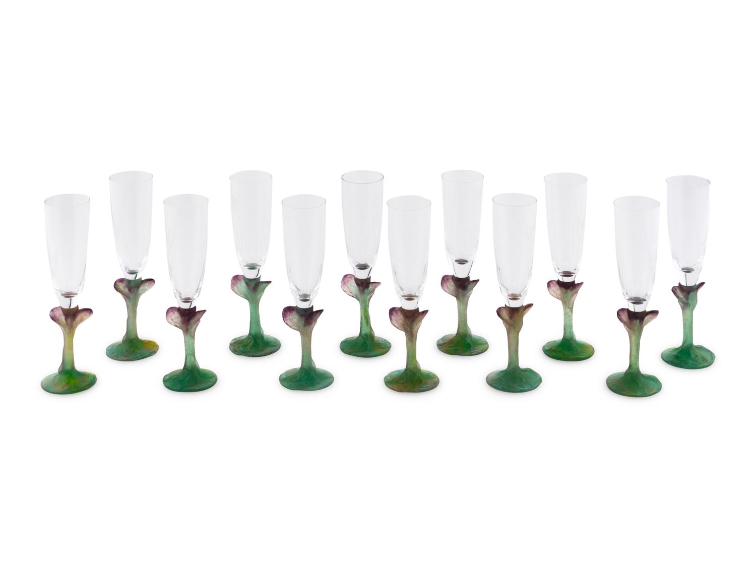 A Set of Twelve Daum Nature Pâte-de-Verre Champagne Flutes