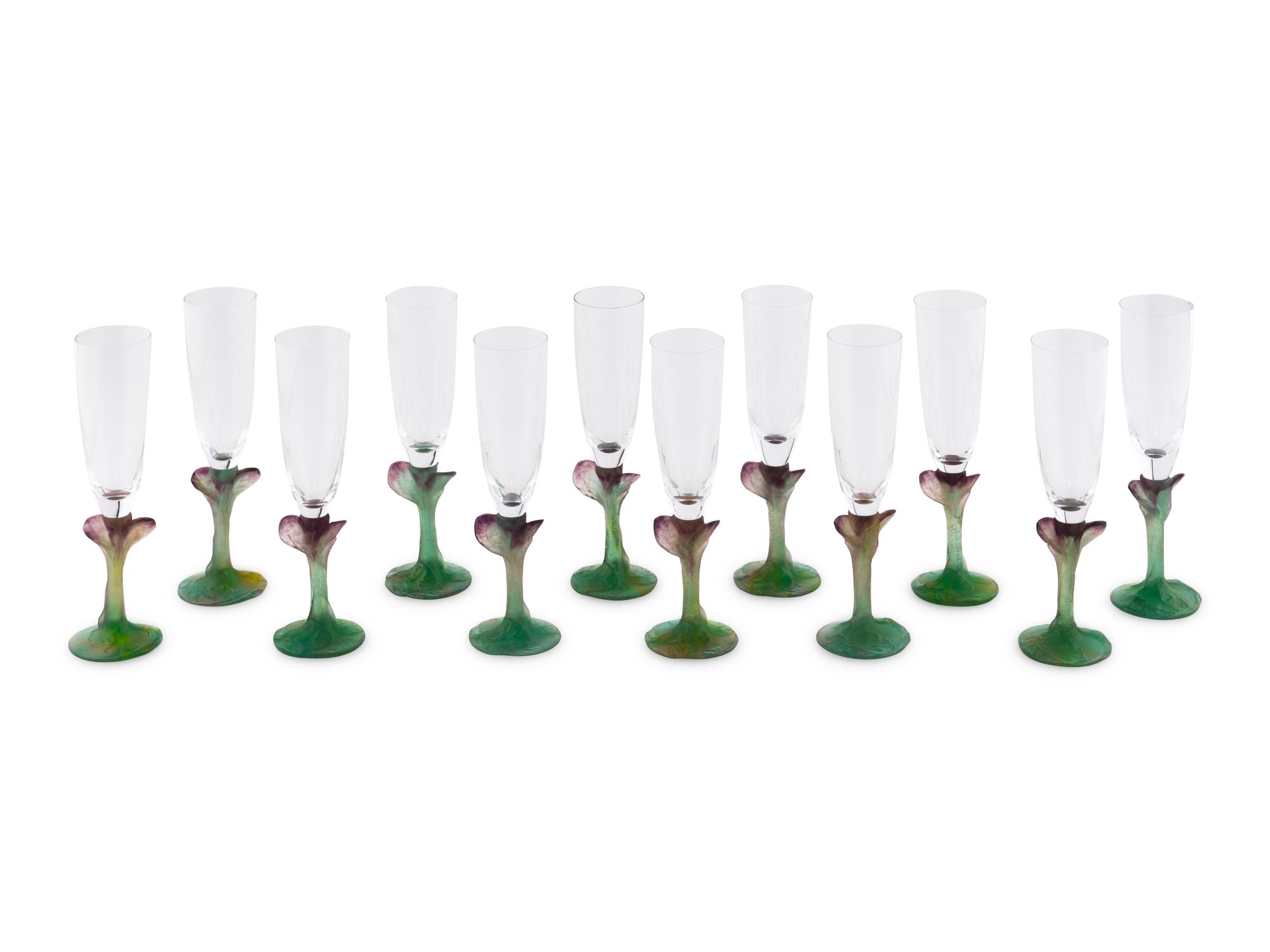 A Set of Twelve Daum Nature Pâte-de-Verre Champagne Flutes