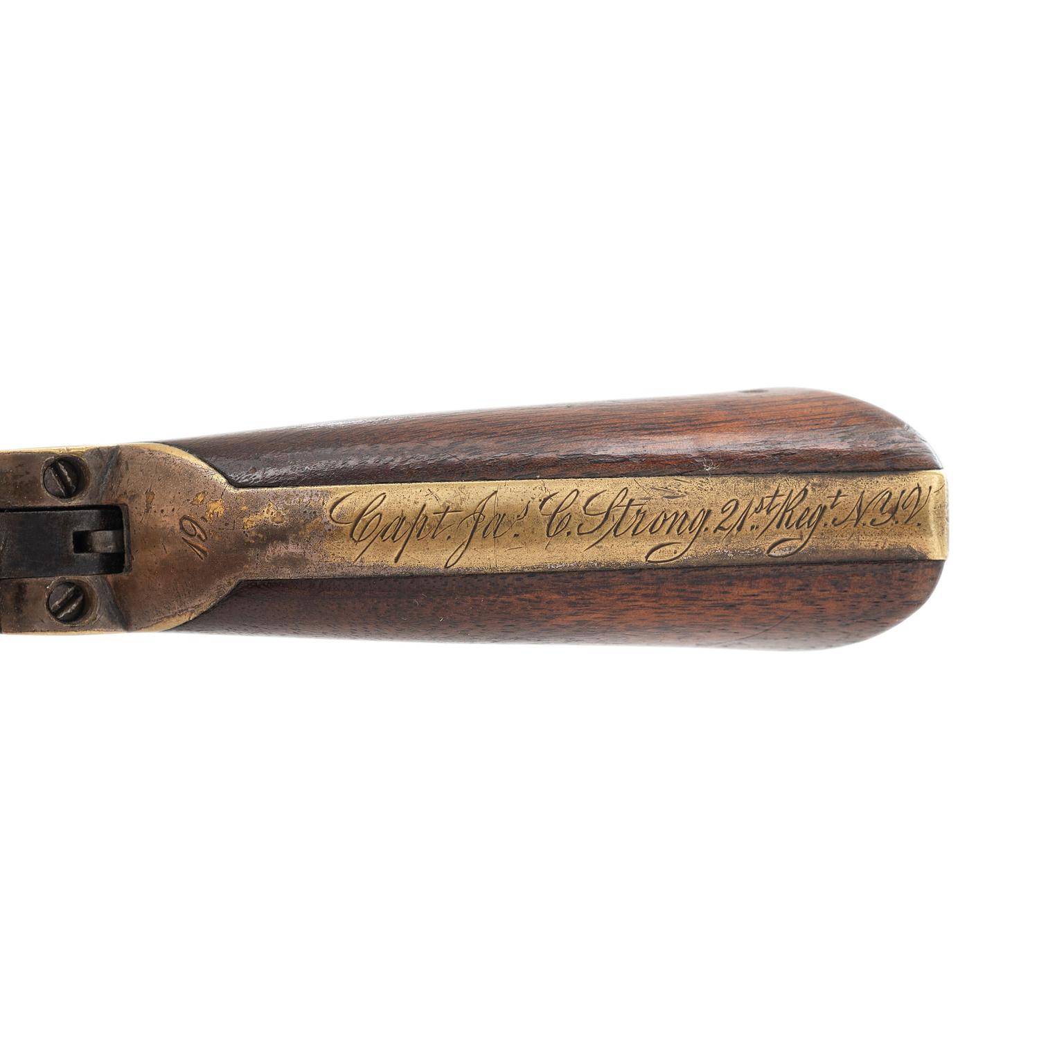 Inscribed Colt Model 1849 Pocket Revolver of Capt. James C. Strong of 21st NY - Wounded at Williamsburg - with some of his letters, published works, and CDV