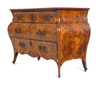 A Venetian Rococo Marquetry and Burl Radica Bombé Commode