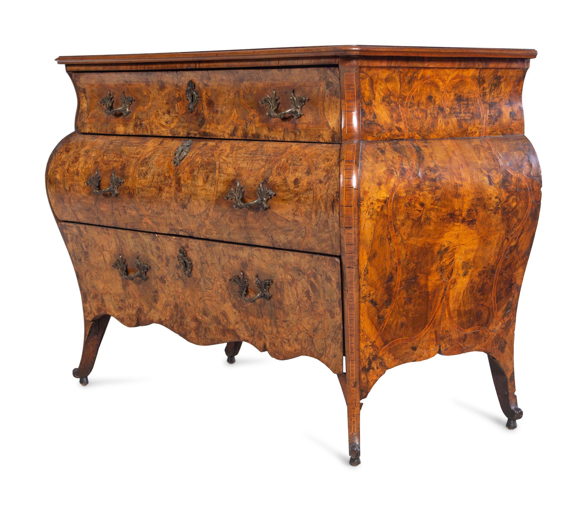 A Venetian Rococo Marquetry and Burl Radica Bombé Commode