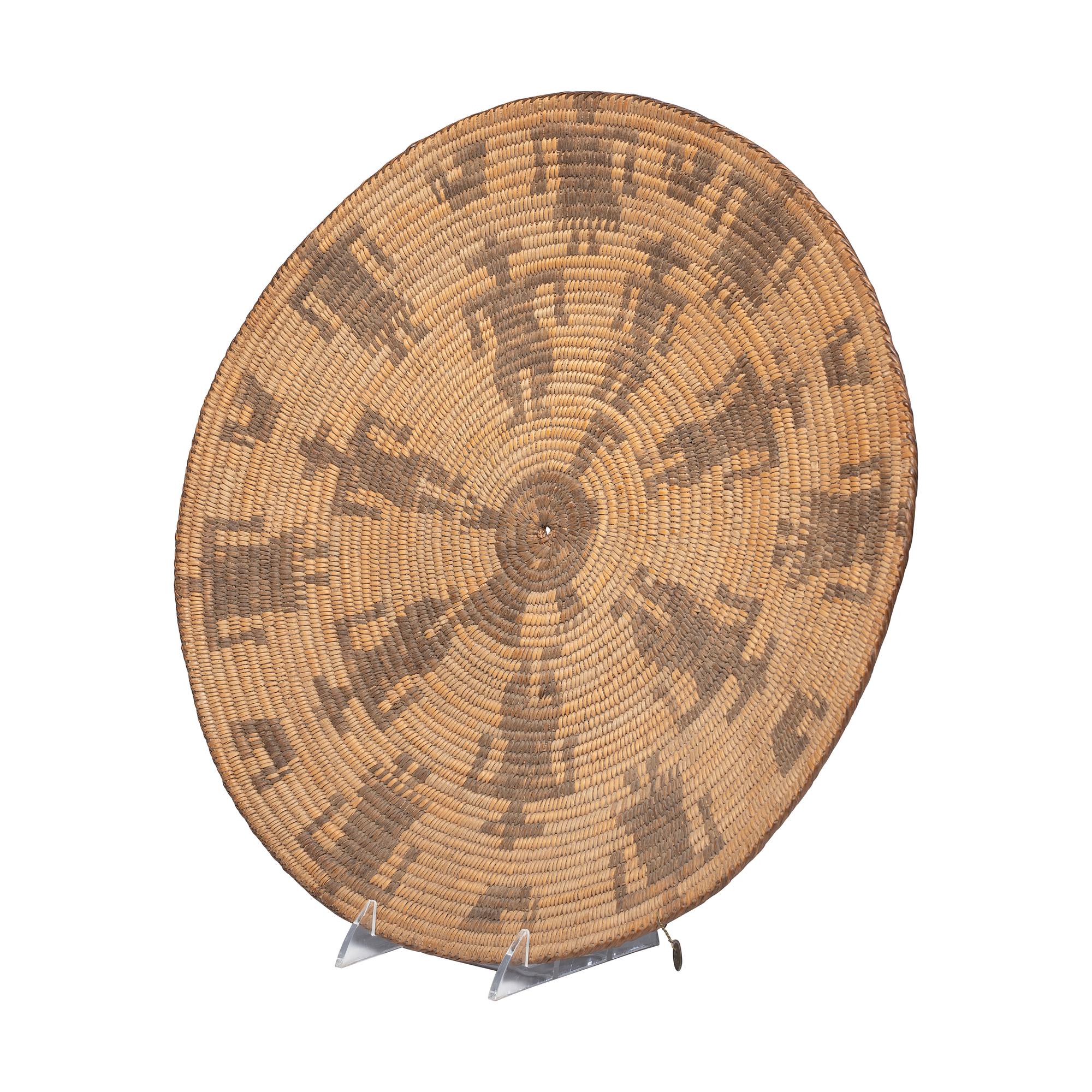 Akimel O'odham Figural Basketry Tray, Cowboys and Chickens