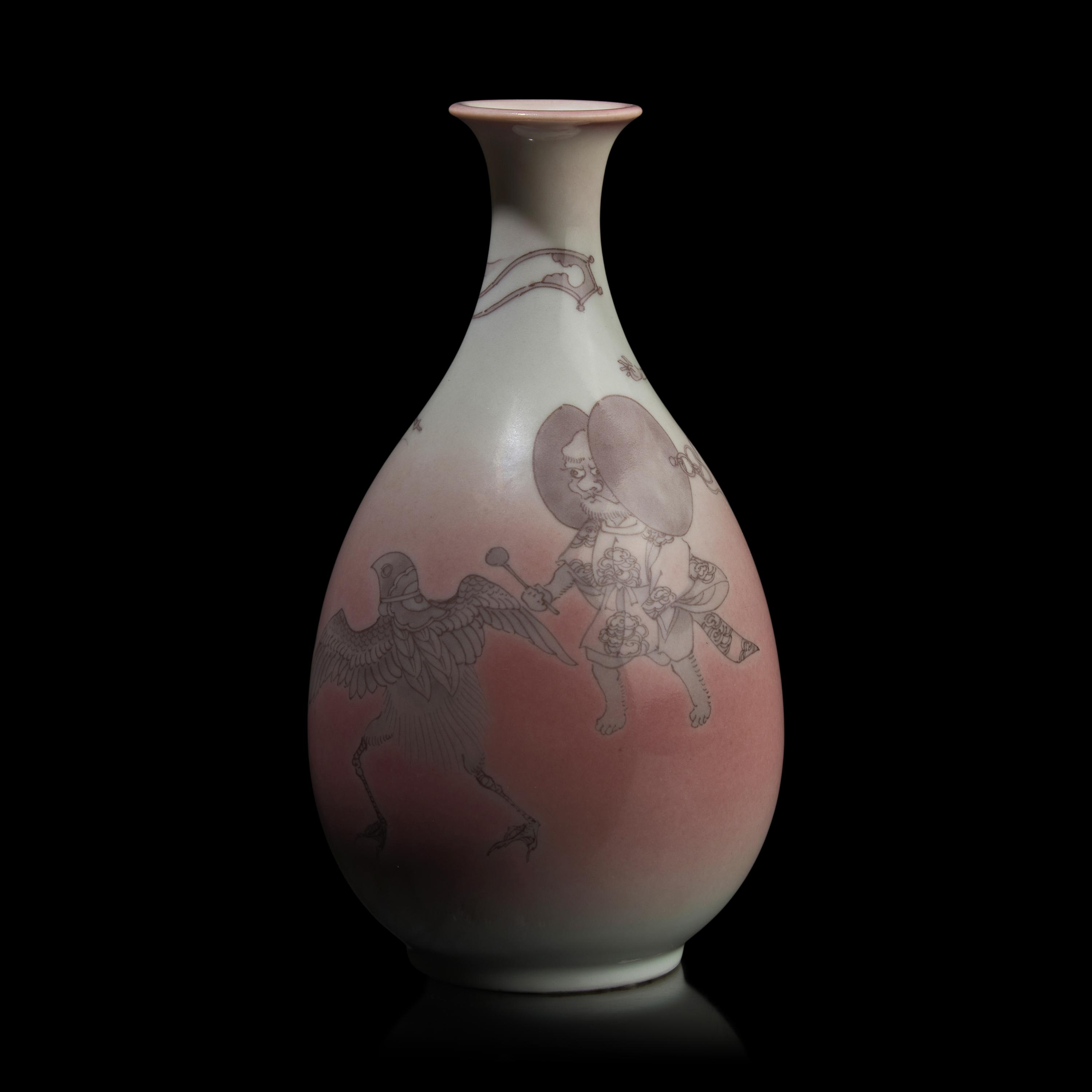 An Unusual Japanese Underglaze Red-Decorated "Goblins" Cabinet Vase, Underglaze Blue Seal Mark Makuzu Kozan