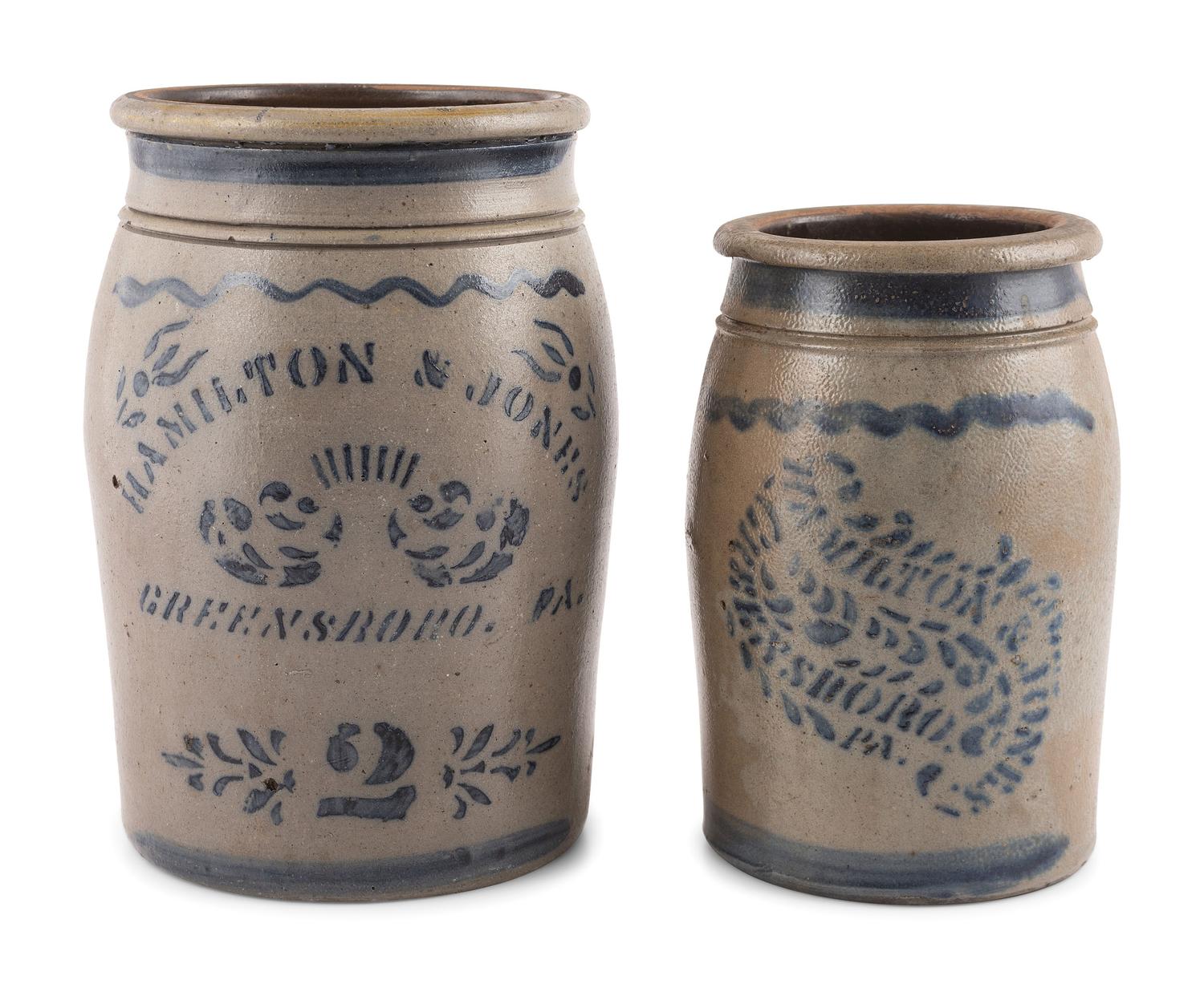 Two Hamilton & Jones Cobalt-Decorated Stoneware Crocks