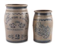 Two Hamilton & Jones Cobalt-Decorated Stoneware Crocks