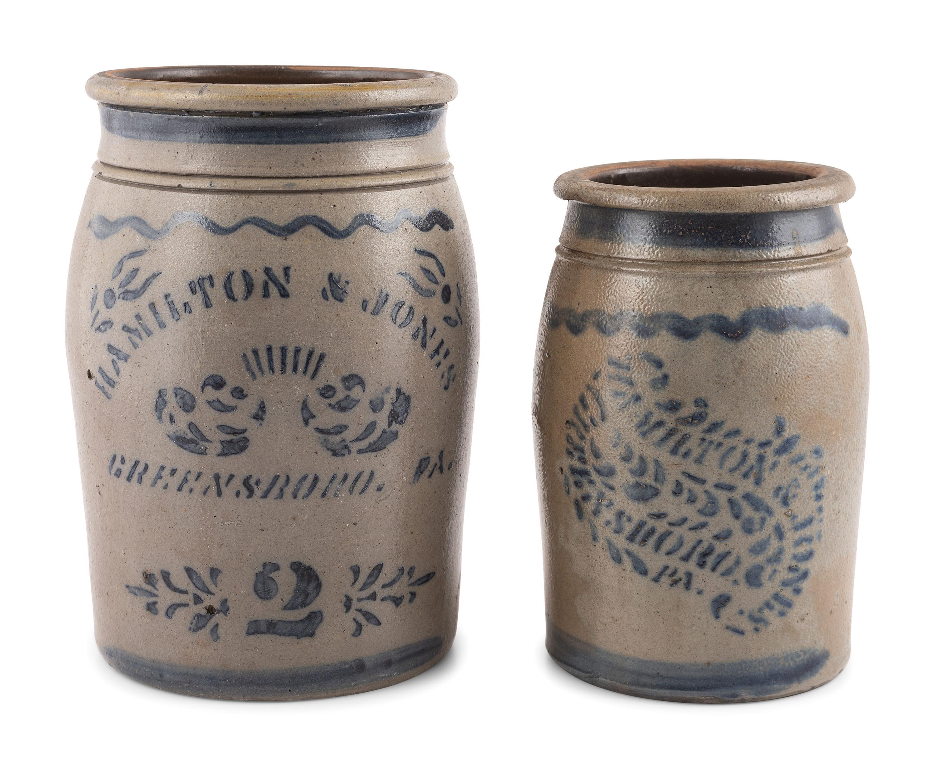 Two Hamilton & Jones Cobalt-Decorated Stoneware Crocks