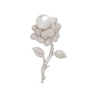 SOUTH SEA CULTURED PEARL, DIAMOND AND WHITE GOLD FLOWER BROOCH