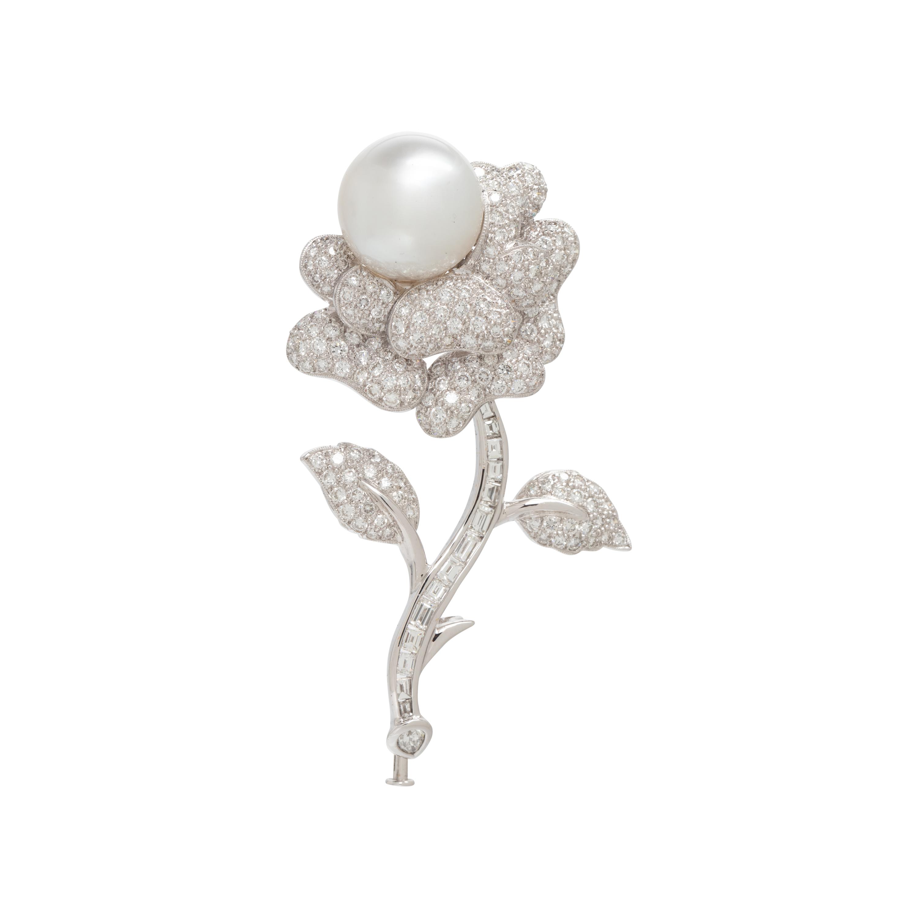 SOUTH SEA CULTURED PEARL, DIAMOND AND WHITE GOLD FLOWER BROOCH
