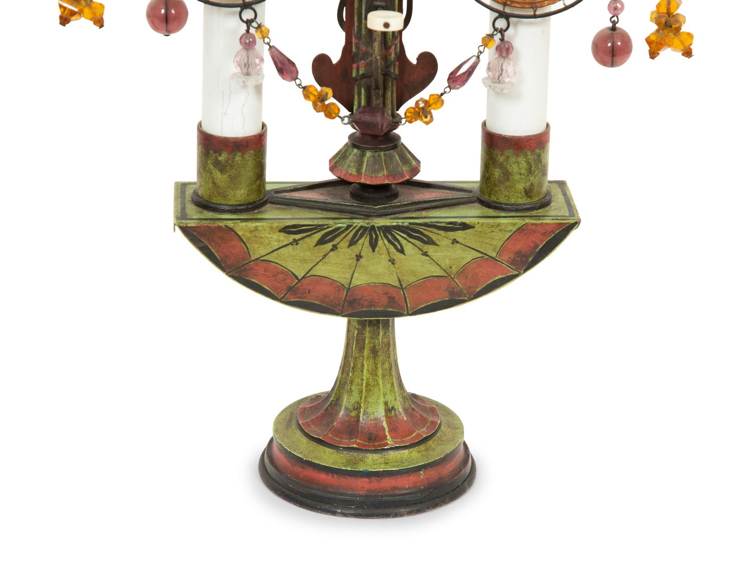 A Pair of Tole Peinte Two-Light Candelabra