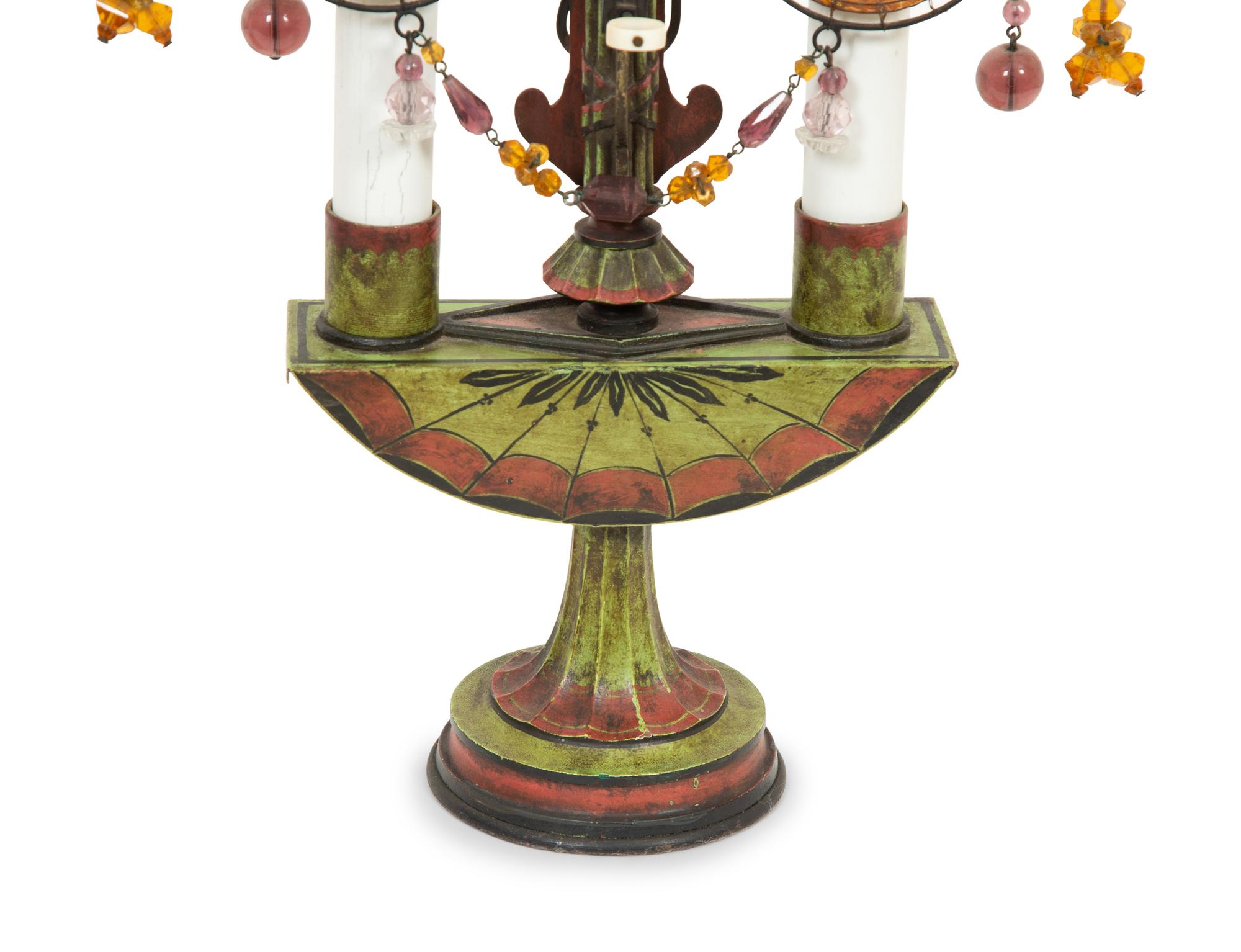 A Pair of Tole Peinte Two-Light Candelabra