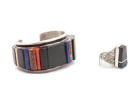 Rare Woods, Turquoise, Lapis Cuff, together with Silver and Wood Ring
