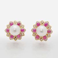A Pair of 18K Yellow Gold, Ruby, Diamond, and Pearl Earrings