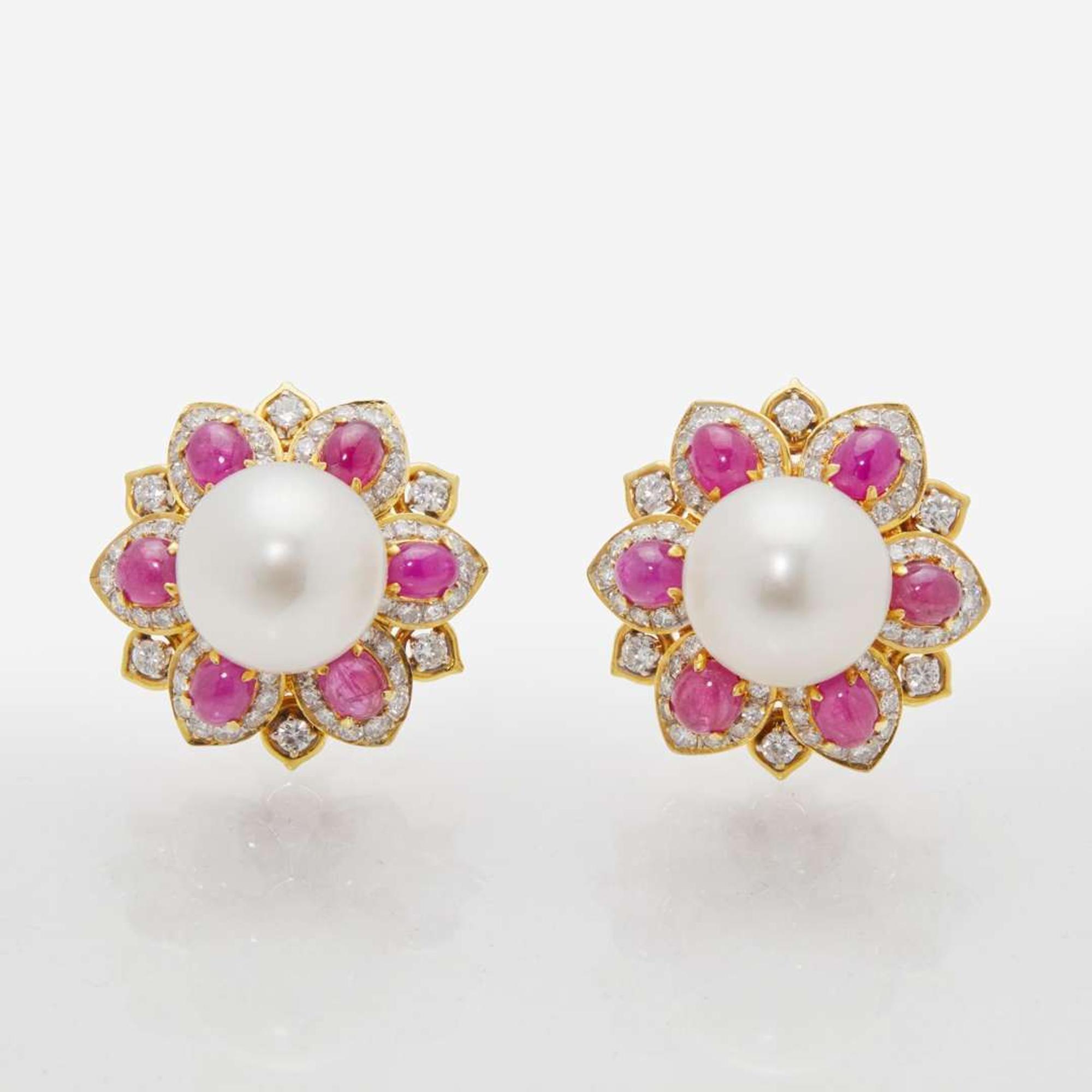 A Pair of 18K Yellow Gold, Ruby, Diamond, and Pearl Earrings
