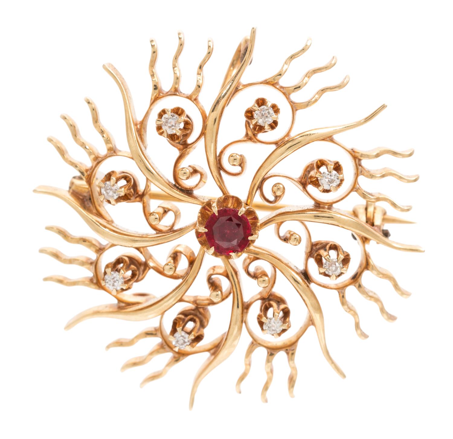 A Collection of 14 Karat Yellow Gold, Ruby and Diamond Brooches, 7.50 dwts.