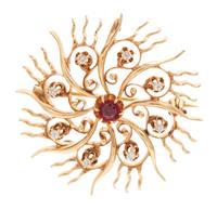 A Collection of 14 Karat Yellow Gold, Ruby and Diamond Brooches, 7.50 dwts.