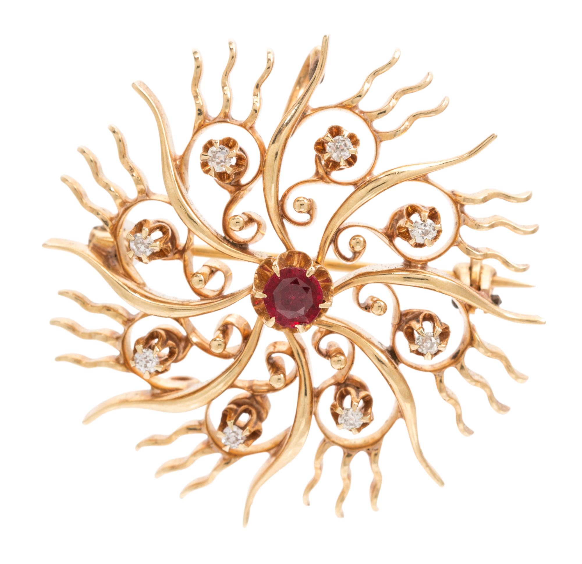 A Collection of 14 Karat Yellow Gold, Ruby and Diamond Brooches, 7.50 dwts.