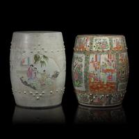Two Chinese Famille Rose Porcelain Garden Stools, Late 19th-Early 20th Century — 晚清-民國 粉彩、廣彩瓷鼓凳兩件