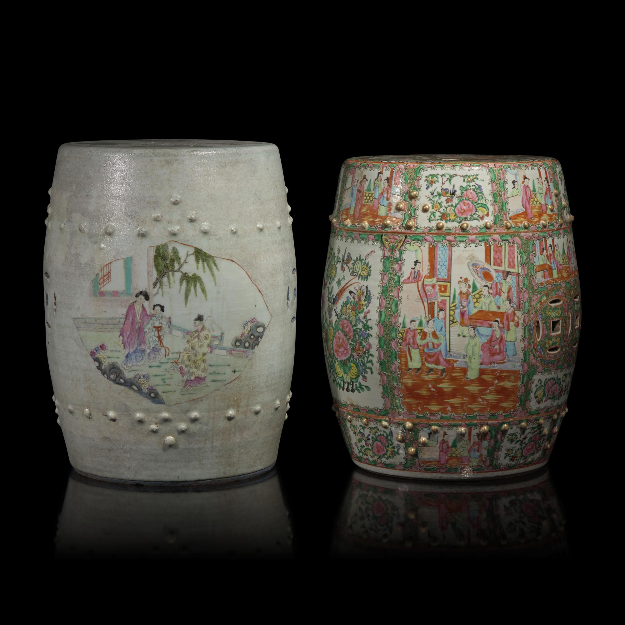 Two Chinese Famille Rose Porcelain Garden Stools, Late 19th-Early 20th Century — 晚清-民國 粉彩、廣彩瓷鼓凳兩件