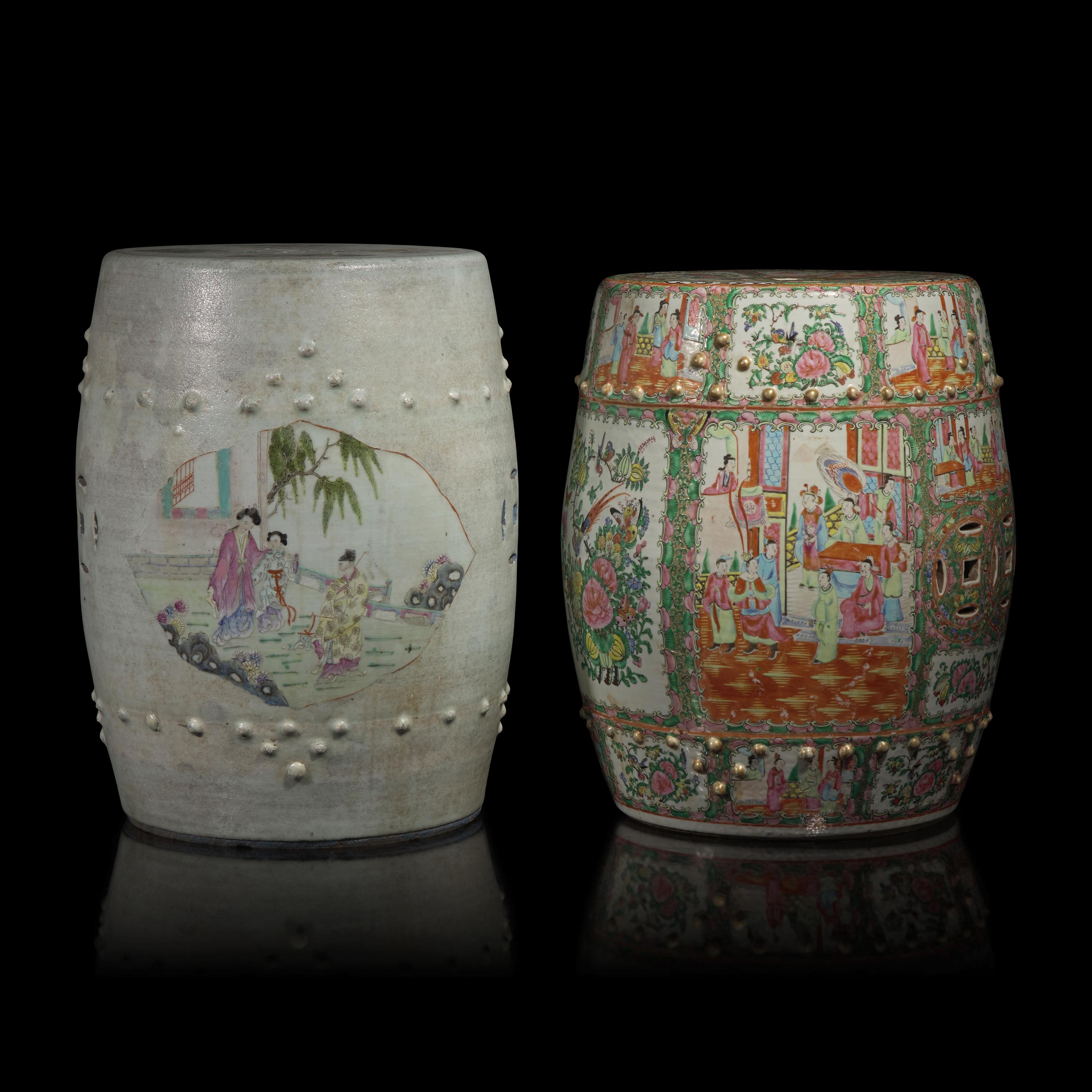 Two Chinese Famille Rose Porcelain Garden Stools, Late 19th-Early 20th Century — 晚清-民國 粉彩、廣彩瓷鼓凳兩件