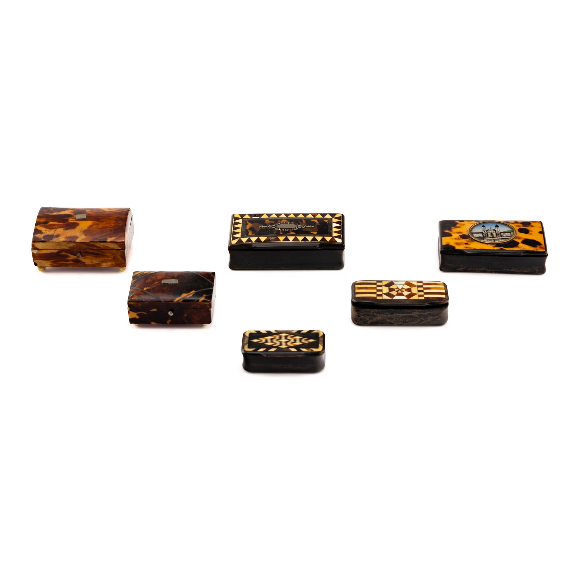 Six Tortoise Shell Veneered Inlaid Snuff Boxes