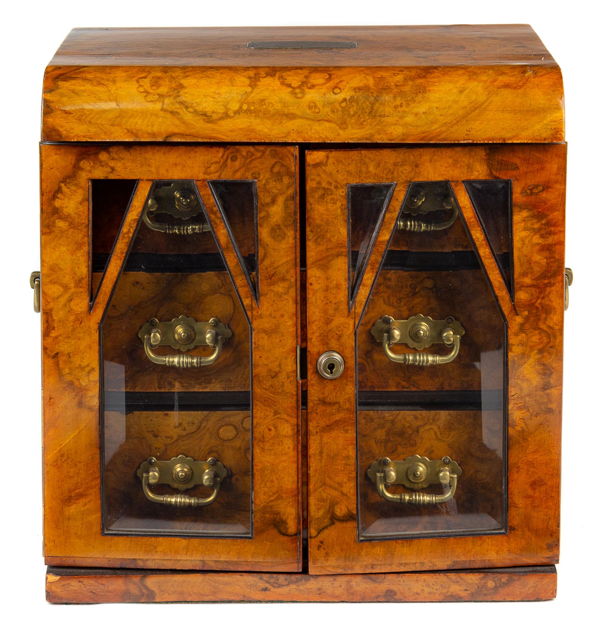 A Victorian Burl Walnut Jewelry Cabinet Height 13 1/4 x width 12 7/8 x depth 9 1/2 inches. — 19TH CENTURY
