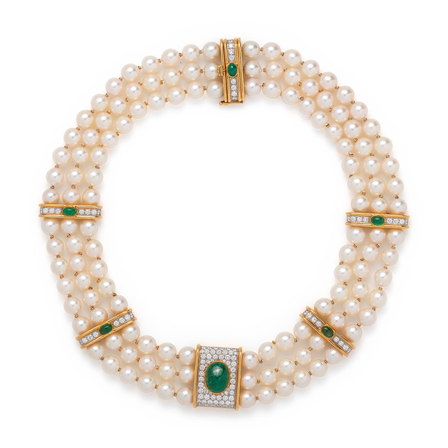 CULTURED PEARL, EMERALD AND DIAMOND NECKLACE