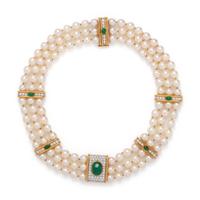 CULTURED PEARL, EMERALD AND DIAMOND NECKLACE