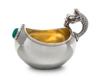 A Russian Enameled Silver Kovsh, Spurious Faberge Mark Overstriking Maker's Mark, Late 19th/Early 20th Century, the body inset with a g