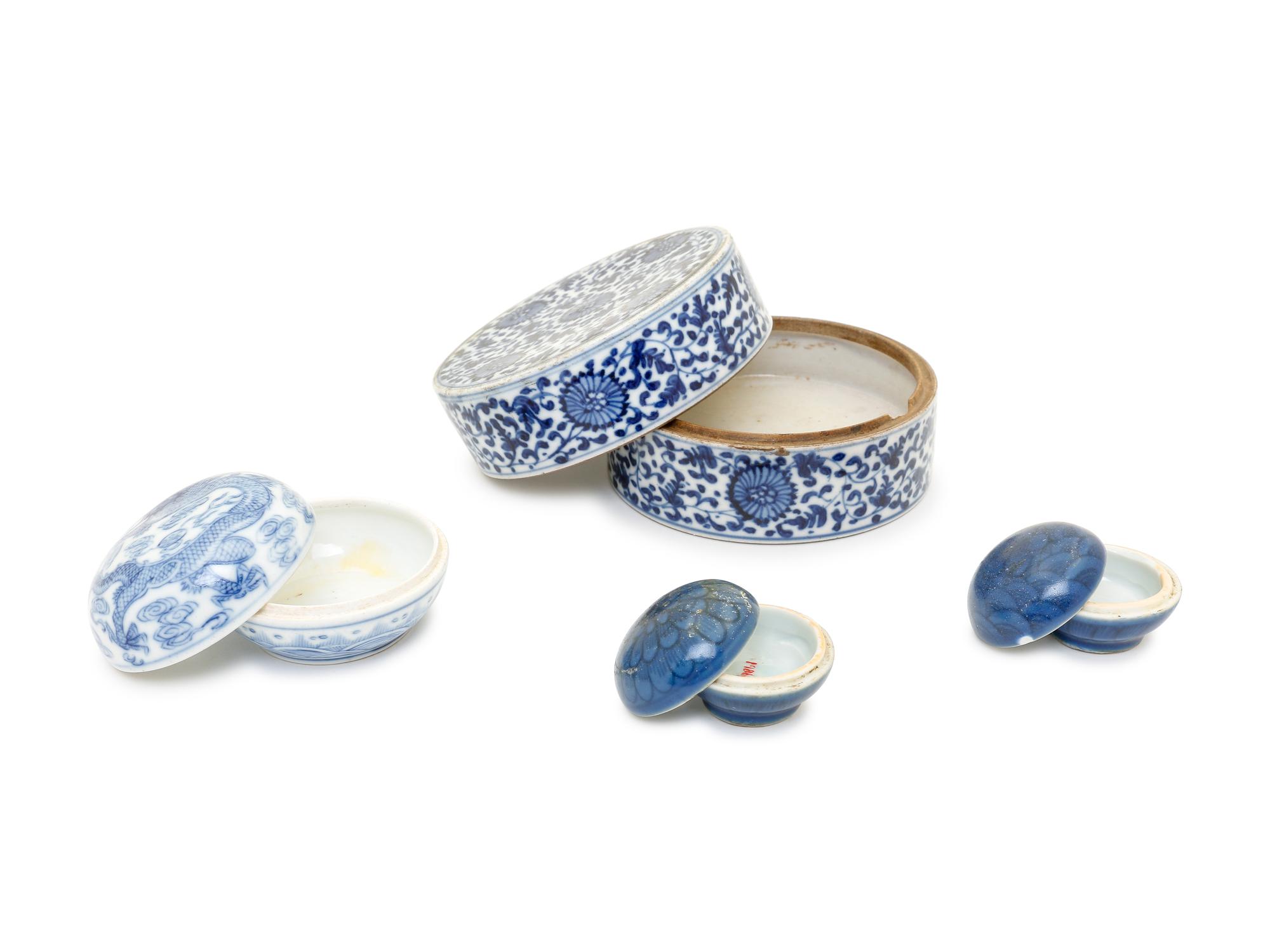 A Group of Four Blue and White Porcelain Covered Ink Paste Boxes