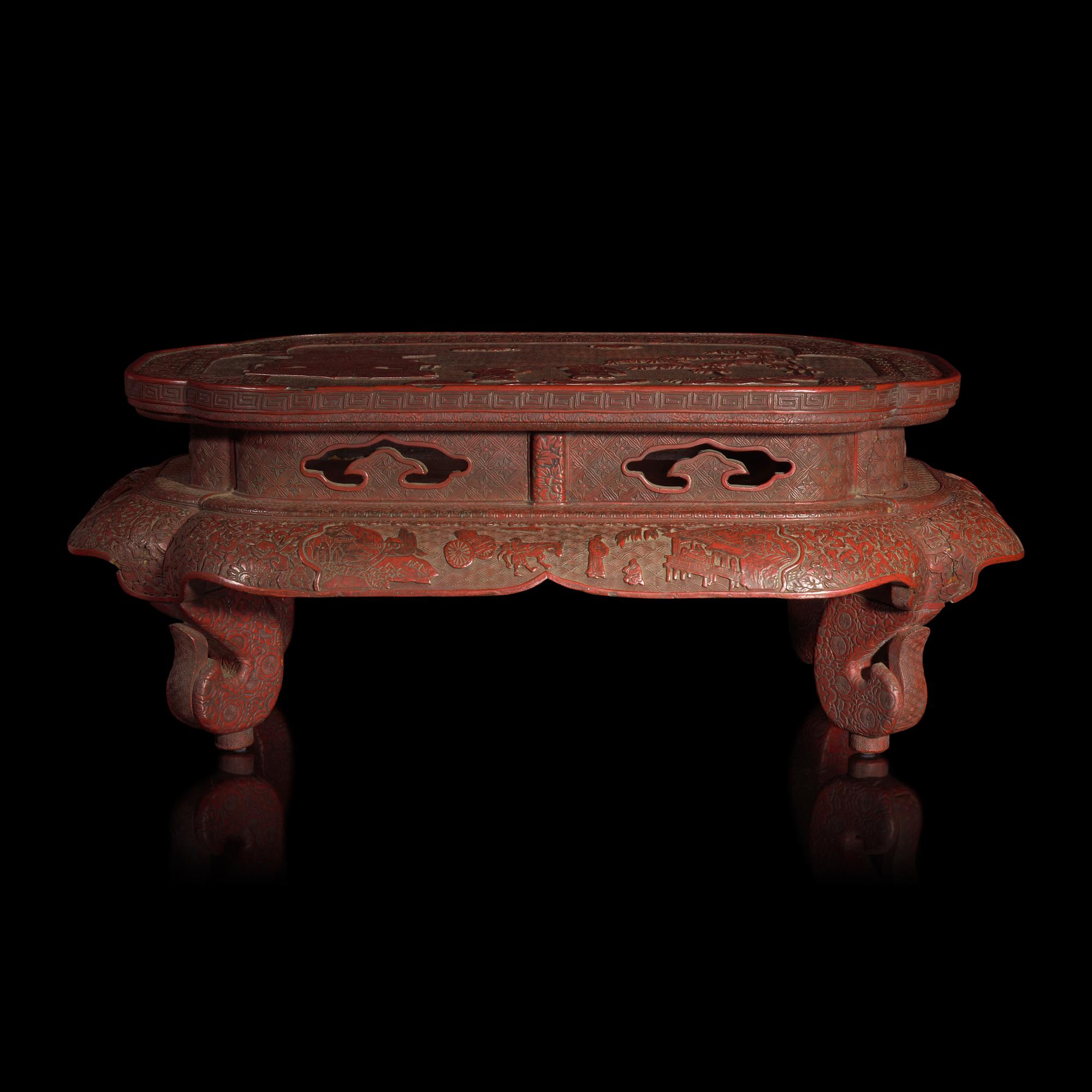 A Ryukyuan Red Lacquer Altar Table — 琉球剔紅雕漆人物圖炕桌
