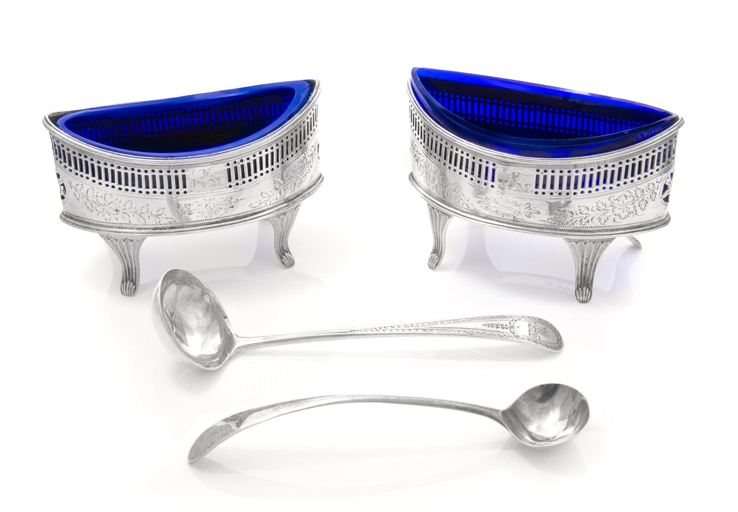A Pair of George III Reticulated Silver Salt Cellars, Peter and Ann Bateman and George Gray, London, 1791, each of oblong form, worked