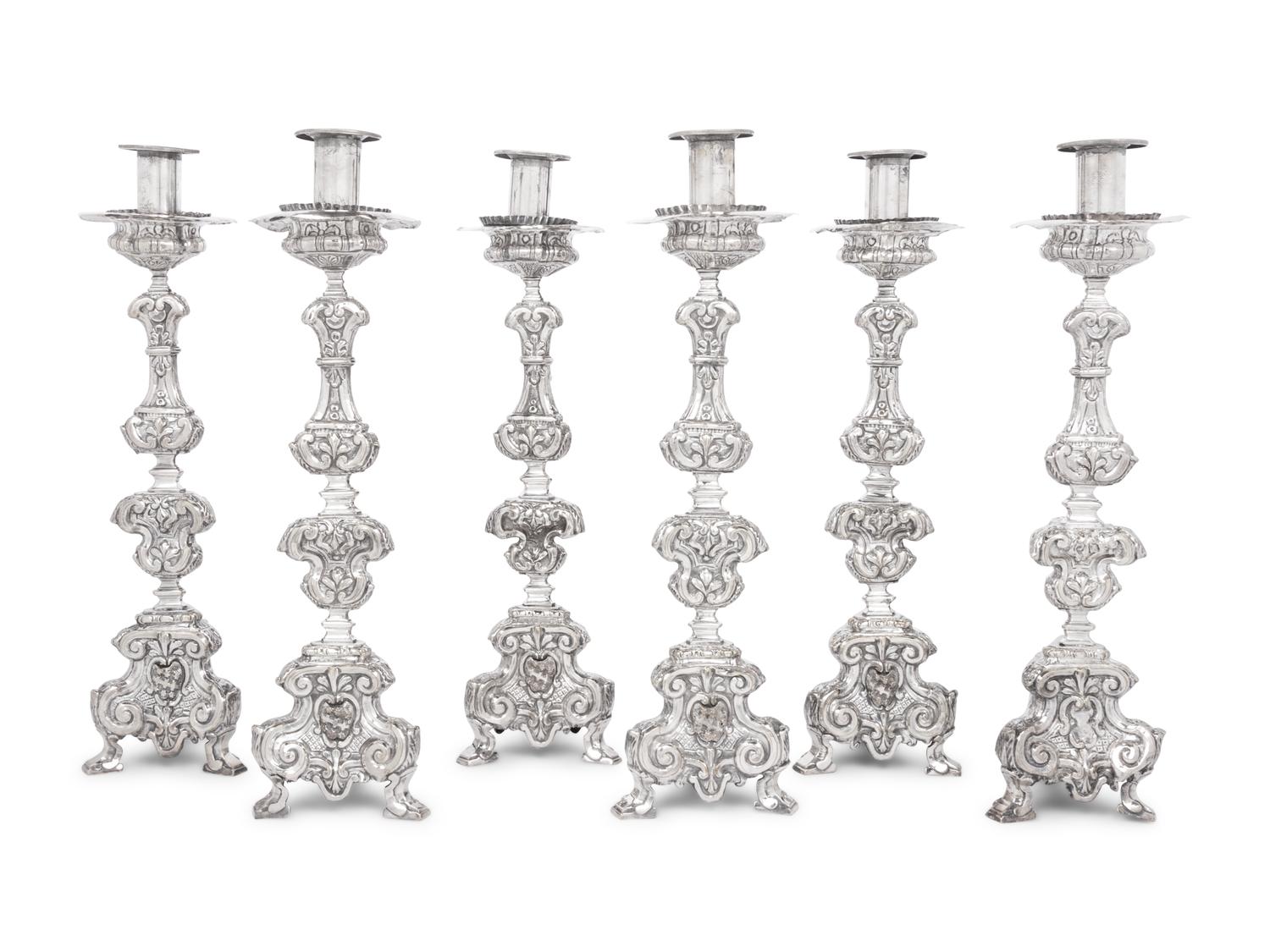 A Set of Six Italian Silver-Plate Altar Candlesticks