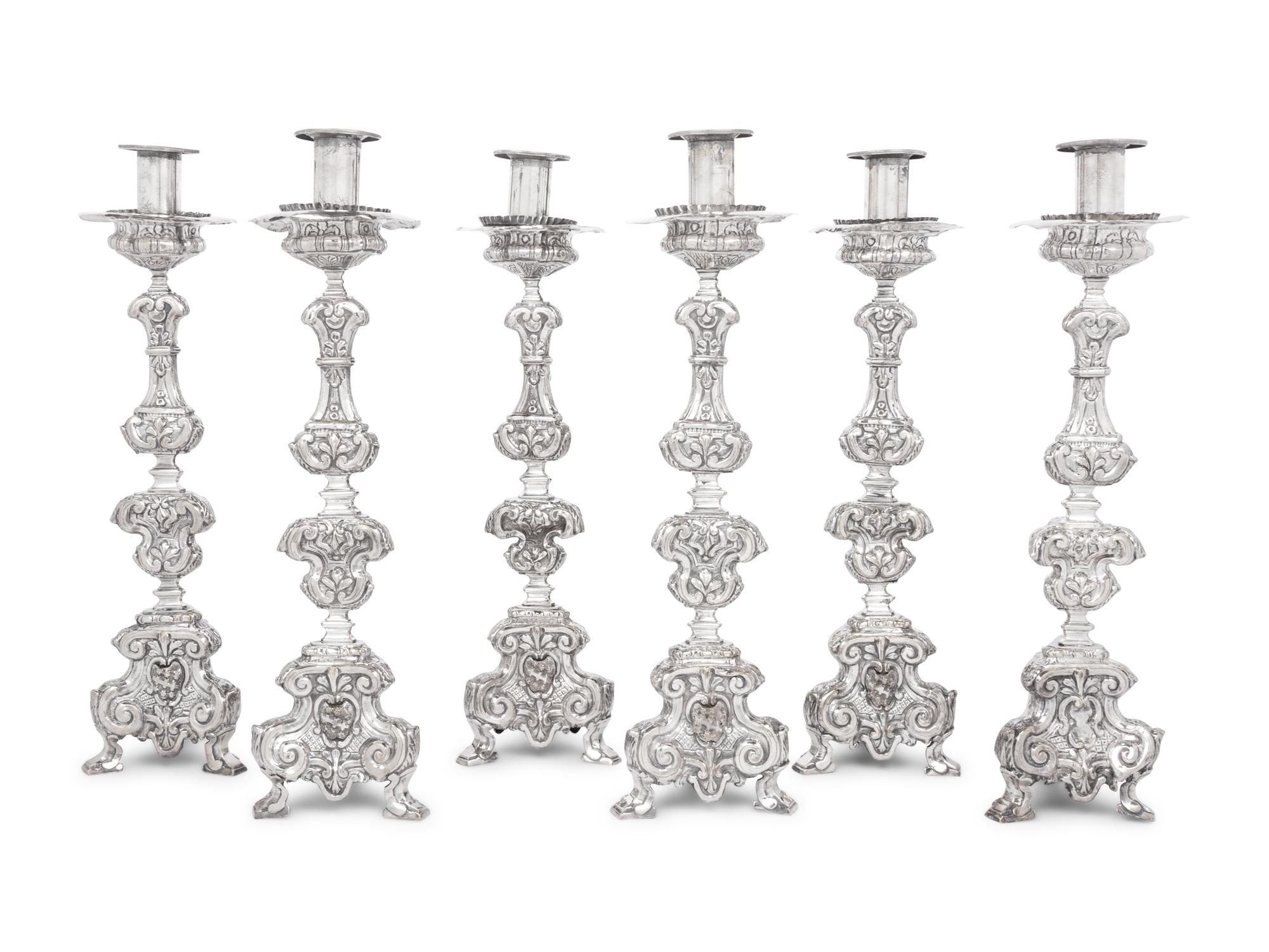 A Set of Six Italian Silver-Plate Altar Candlesticks