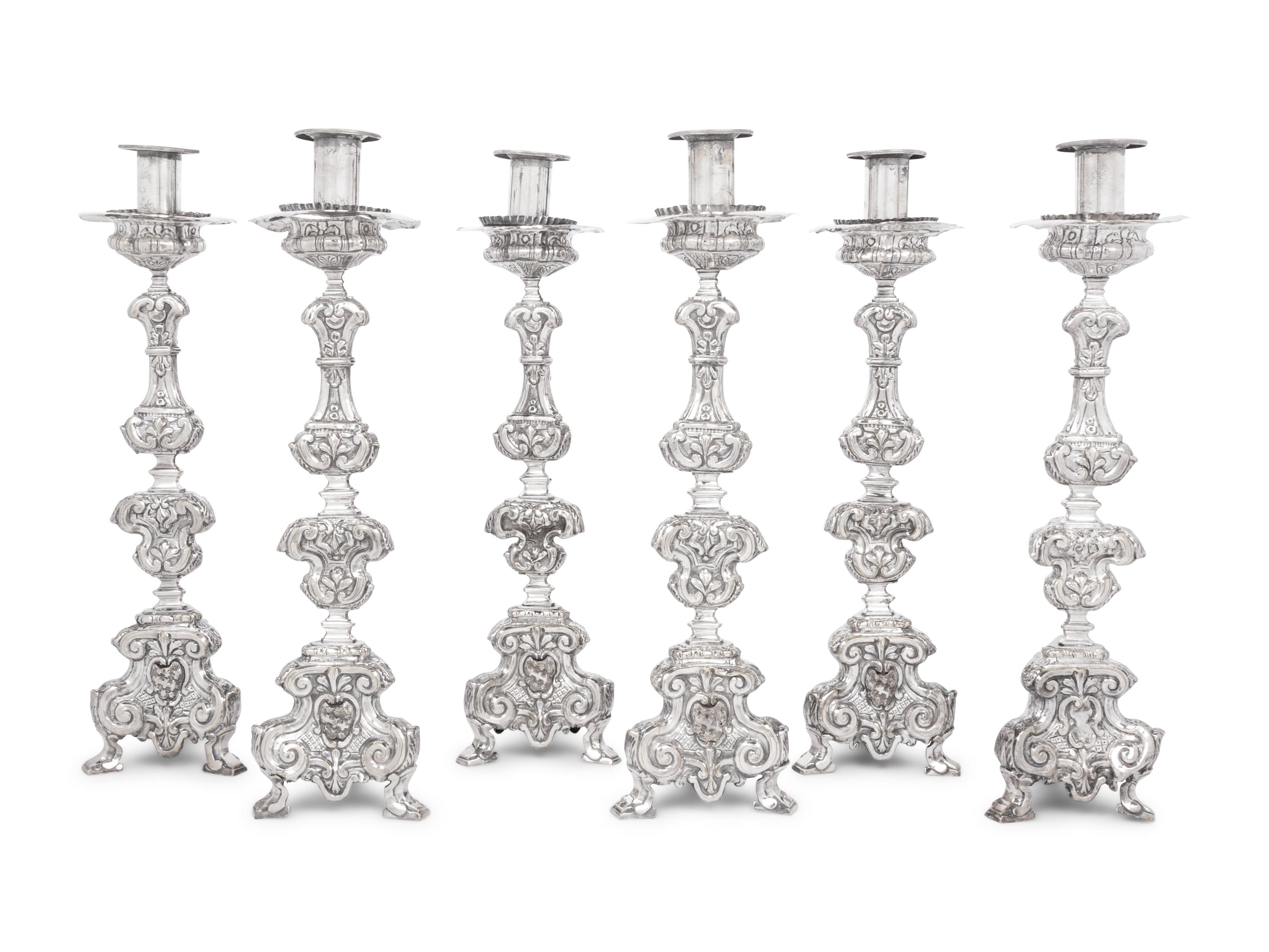 A Set of Six Italian Silver-Plate Altar Candlesticks