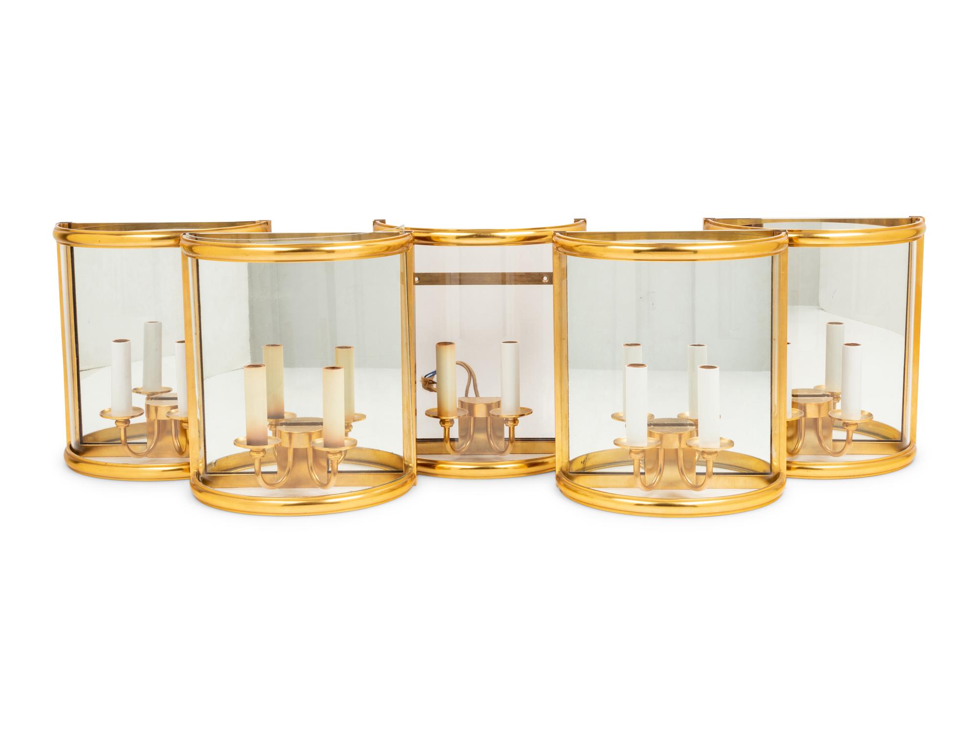 A Set of Five Brass and Glass Wall Lights