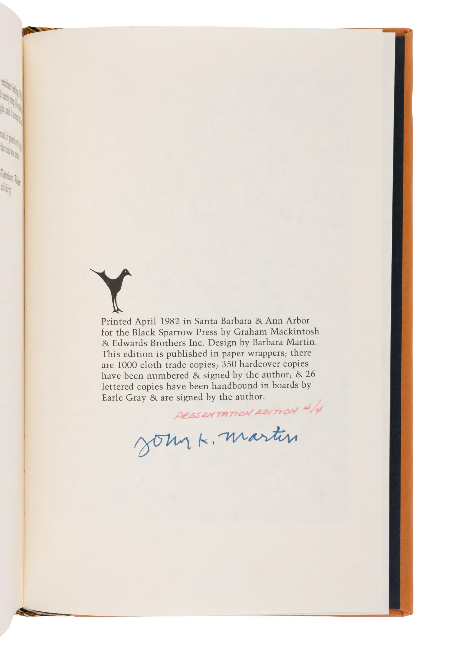 [FINE PRESS -- BLACK SPARROW PRESS]. BOWLES, Paul (1910-1999). The Spider's House . Santa Barbara: Black Sparrow Press, 1982.