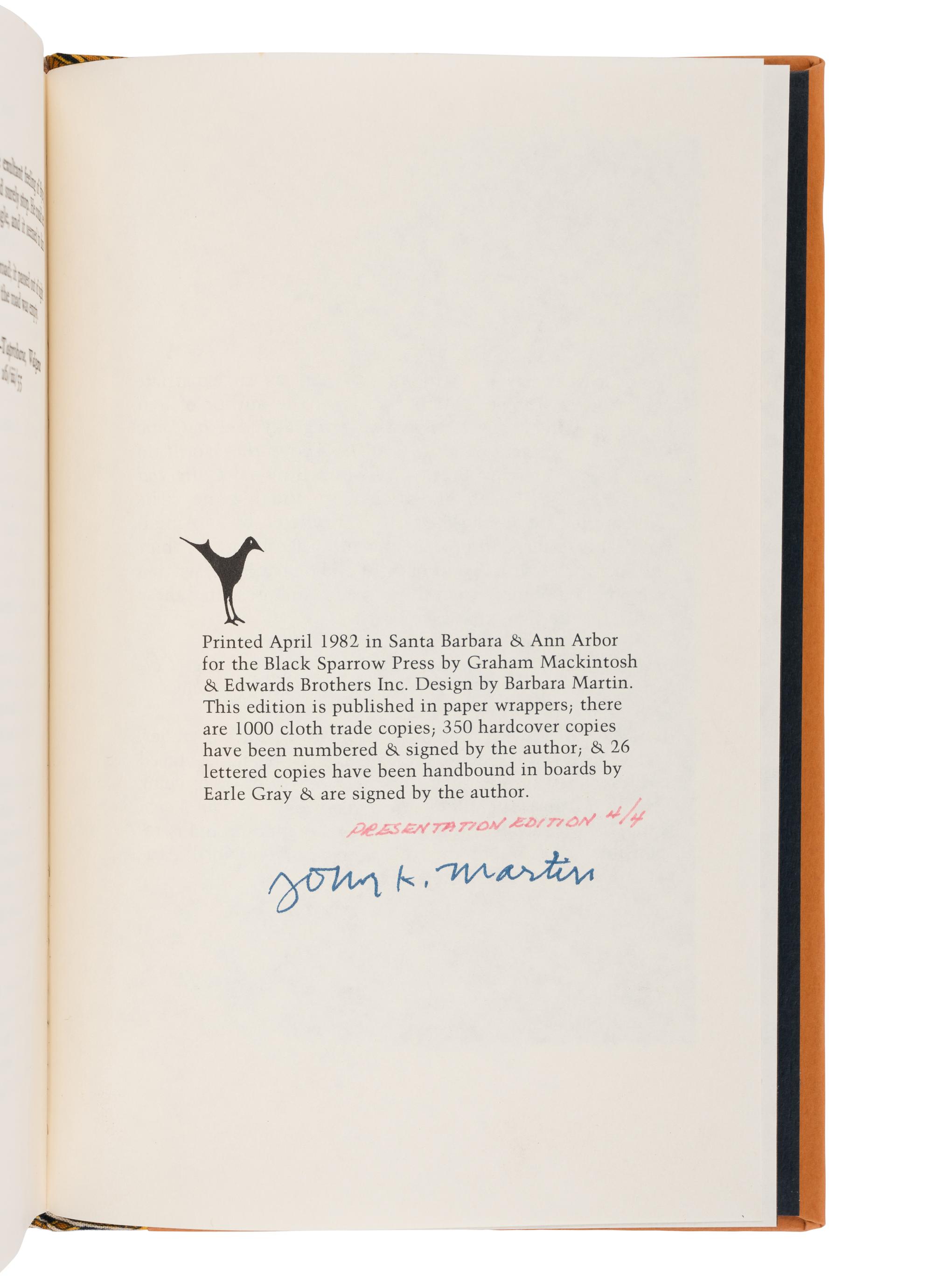 [FINE PRESS -- BLACK SPARROW PRESS]. BOWLES, Paul (1910-1999). The Spider's House . Santa Barbara: Black Sparrow Press, 1982.