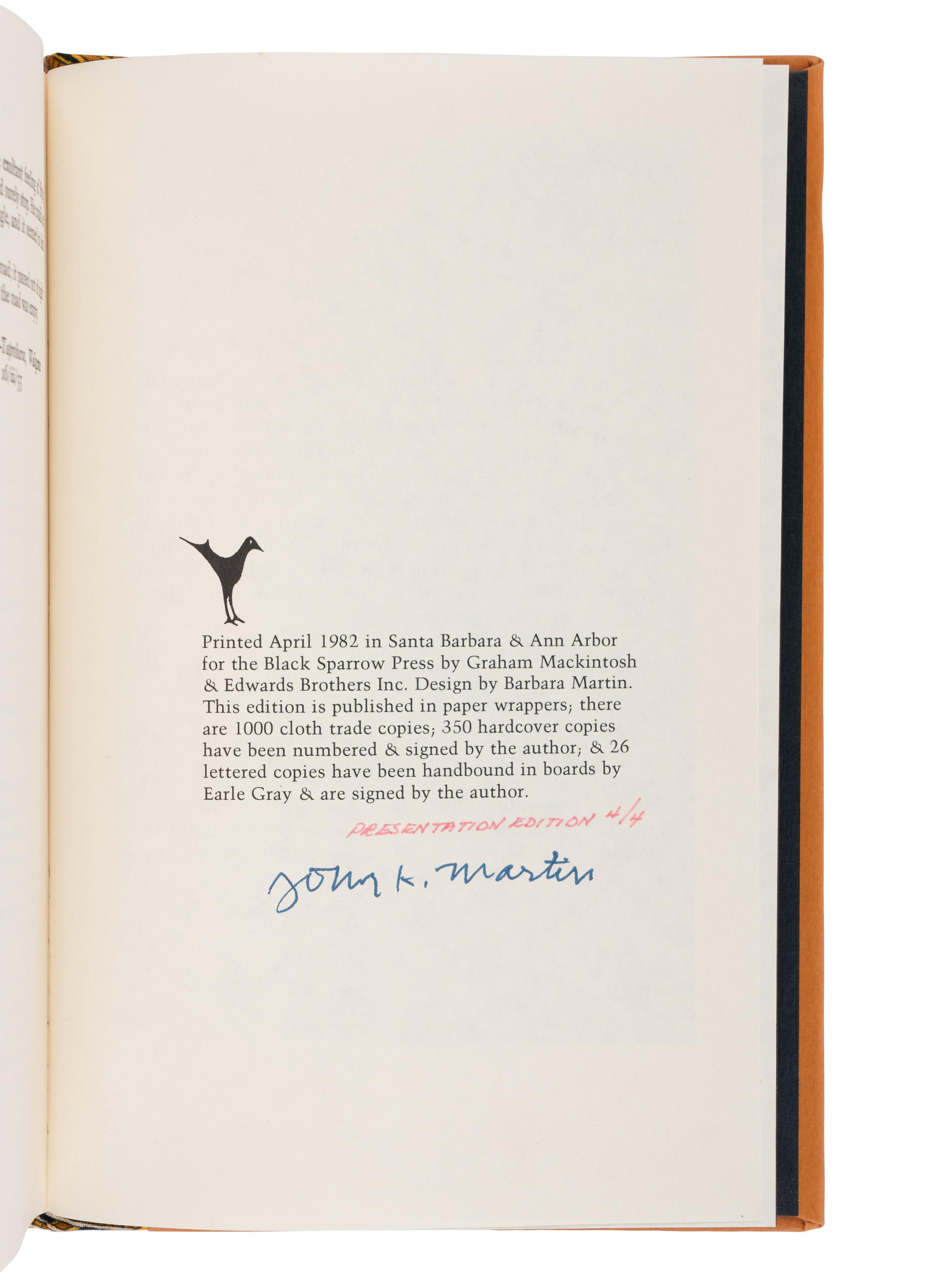 [FINE PRESS -- BLACK SPARROW PRESS]. BOWLES, Paul (1910-1999). The Spider's House . Santa Barbara: Black Sparrow Press, 1982.