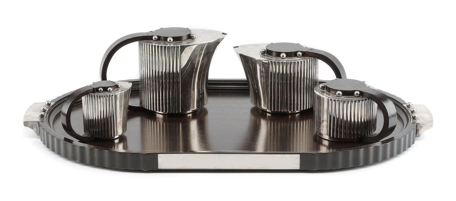 A French Art Deco Silver-Plate Tea and Coffee Service, Jean-Emile Puiforcat, Designed in 1928, Etchea pattern, comprising a coffee pot,