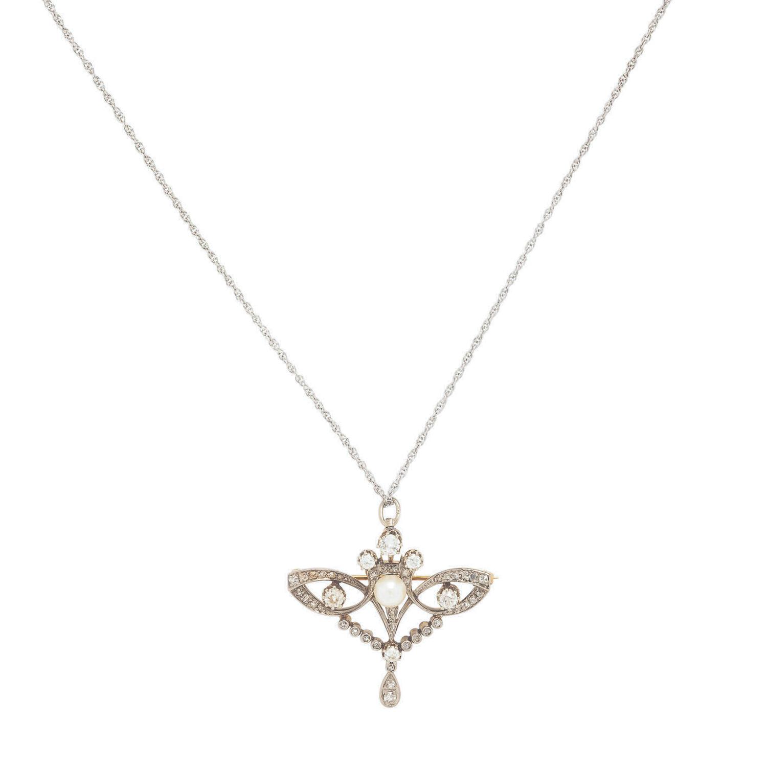Antique, Cultured Pearl and Diamond Pendant Brooch Necklace