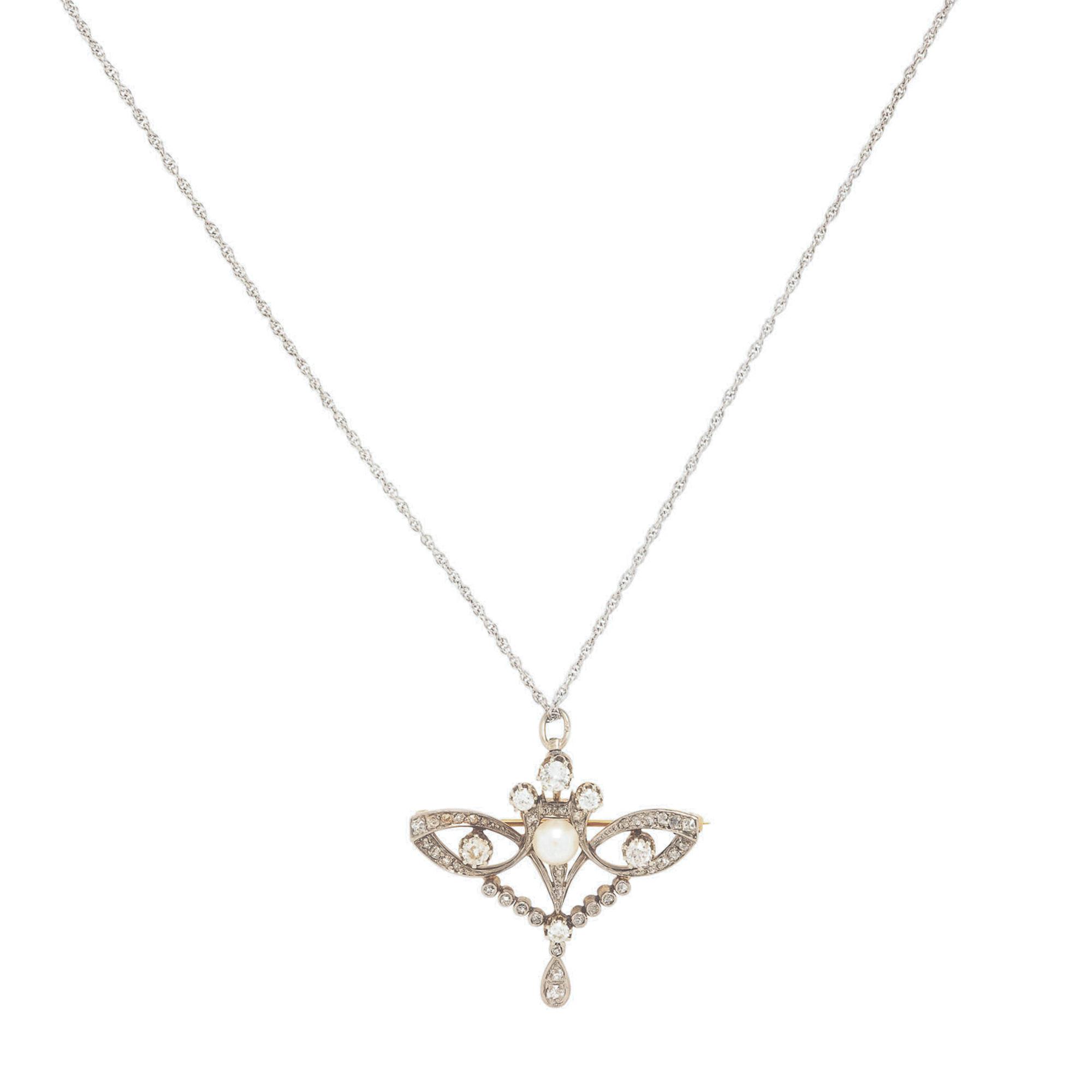 Antique, Cultured Pearl and Diamond Pendant Brooch Necklace