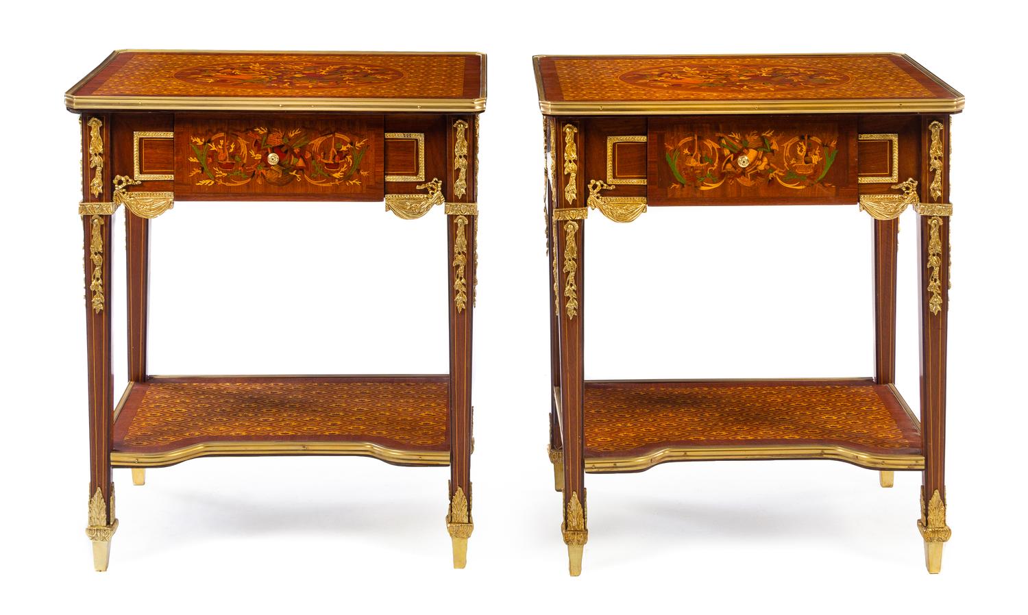 A Pair of Louis XVI Style Gilt Bronze Mounted Side Tables Height 30 3/8 x width 26 1/8 x depth 18 1/4 inches. — 20TH CENTURY
