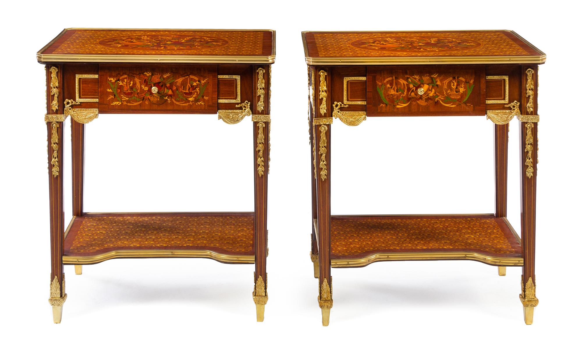 A Pair of Louis XVI Style Gilt Bronze Mounted Side Tables Height 30 3/8 x width 26 1/8 x depth 18 1/4 inches. — 20TH CENTURY